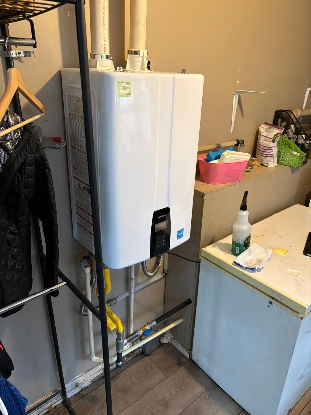 Navien high-efficiency gas tankless water heater install by Wild Pine Plumbing in St Helens, Oregon