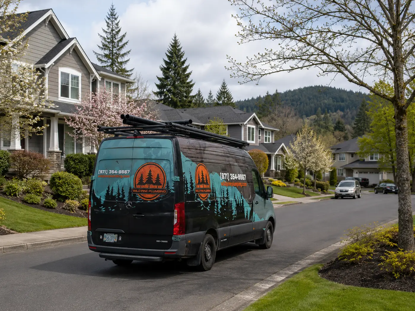 Wild Pine Plumbing wrapped Sprinter van parked in a Portland, Oregon suburban neighborhood on a spring morning